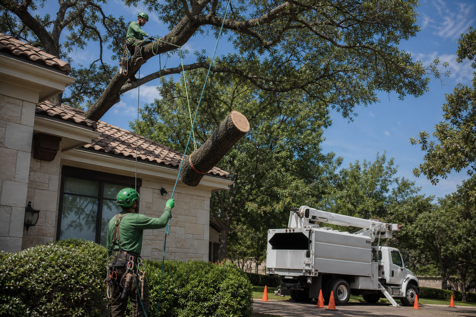 Arborists safely handling a challenging tree removal near a home