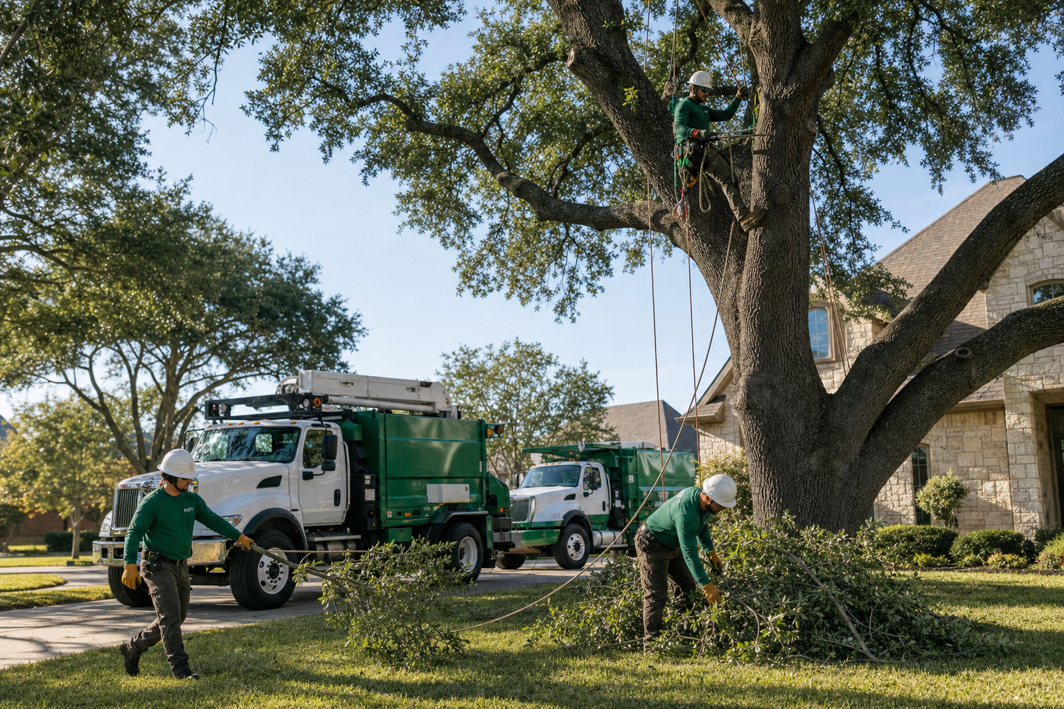 Professional tree service crew trimming a large Texas oak tree